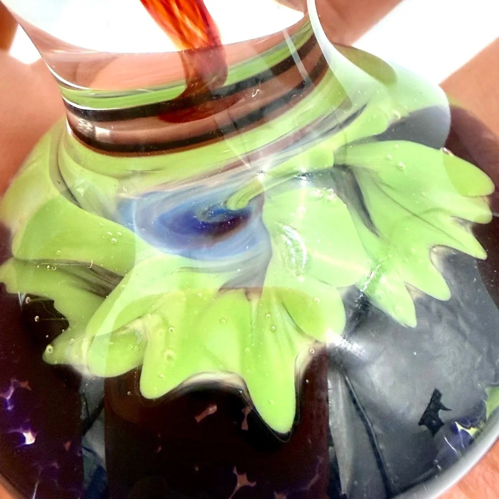 Artisan Glass Paperweight Red Lampwork Flower Green‎ Ruffled Base Blue Speckled